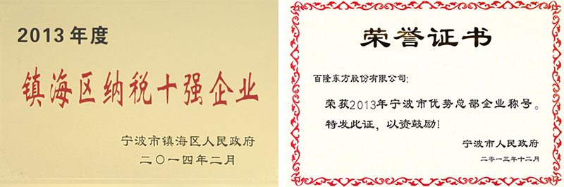 百隆东方获2013年宁波市优势总部企业等多项荣誉.jpg